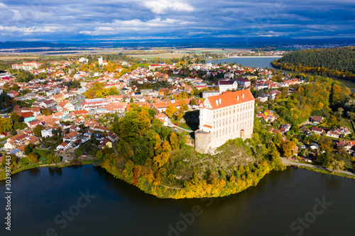 Aerial cityscape of castle in Plumlov