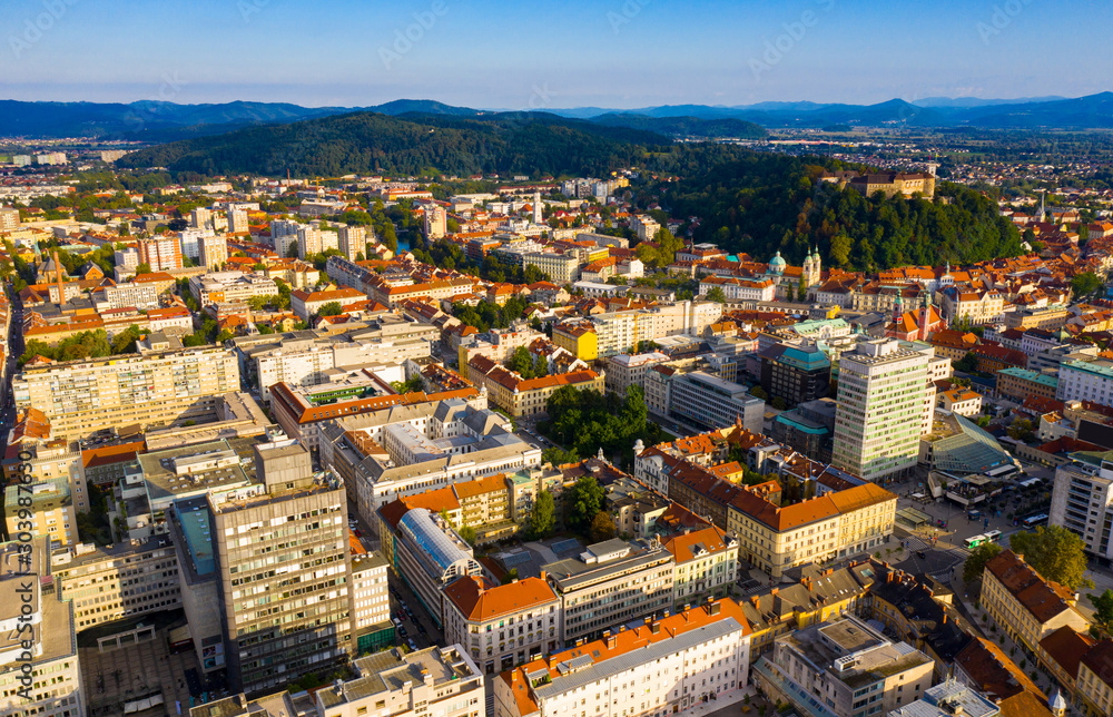 Aerial view of Ljubljana cityscape with buildings and streets