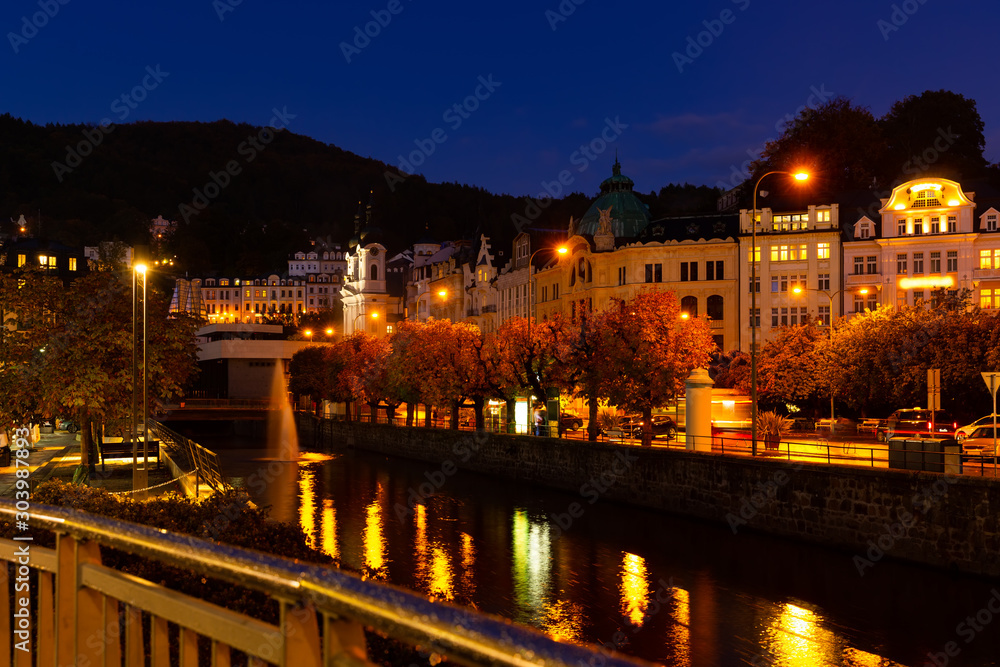 Embankment of Karlovy Vary on autumn night