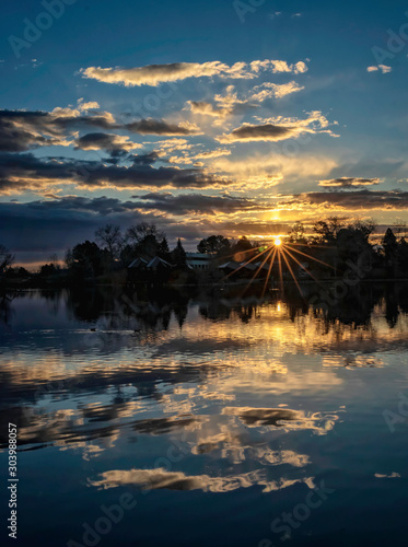 Belmar Park Lake reflection at sunrise in Lakewood, Colorado