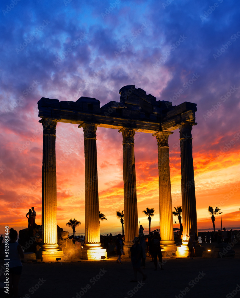 Temple of the Apollo in Side against dramatic sunset sky