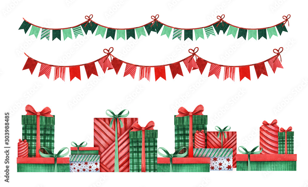 Set of festive decorative elements. Upper lower border. Multi-colored paper flags on ribbon. bunch of gifts. Red and green colors. Christmas decor. Gifts under the Christmas tree. On white background