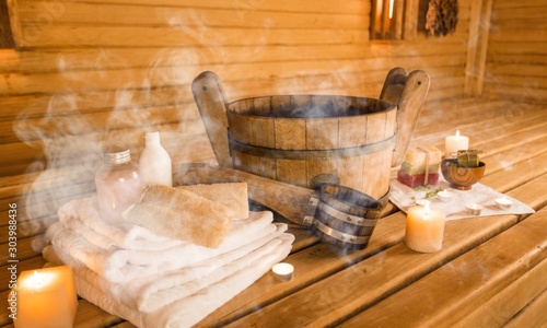 Sauna and sauna accessories on an interior background photo