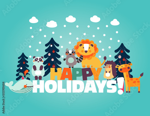Winter holiday lovely vector card with funny cute animals, blue sky, snowflakes, clouds and Christmas trees. Ideal for cards, invitations, party, kindergarten, preschool and children room decoration