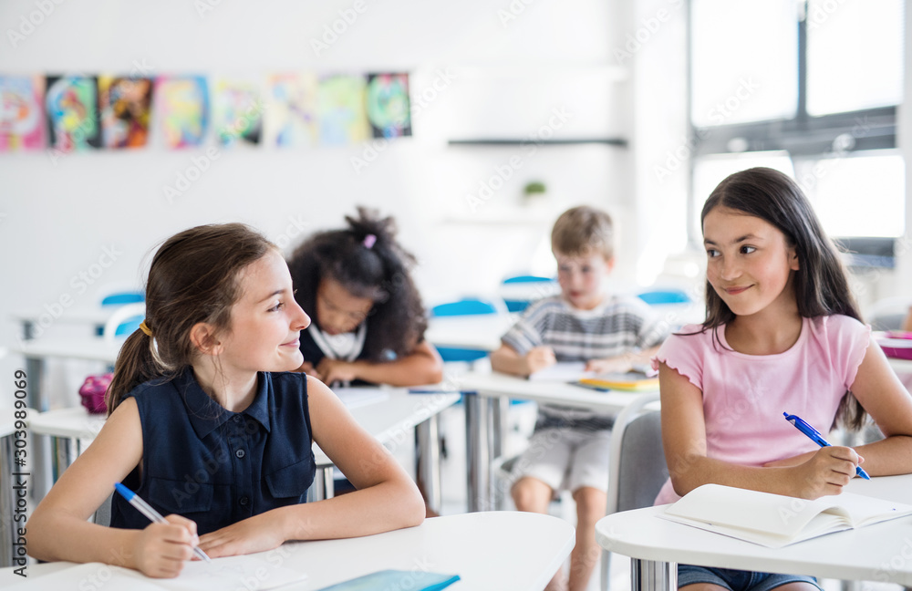 School children sitting at the desk in classroom on the lesson, talking. School children sitting at the desk in classroom on the lesson, talking.