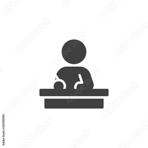 Writing man at desk vector icon. filled flat sign for mobile concept and web design. Business training glyph icon. Education symbol, logo illustration. Vector graphics