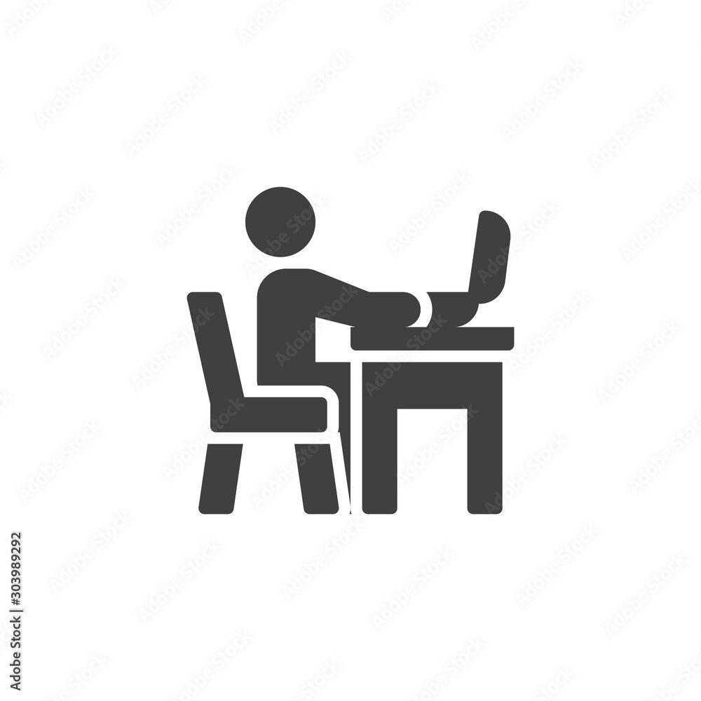Man working on laptop vector icon. filled flat sign for mobile concept and web design. A man sits on the workplace with computer glyph icon. Symbol, logo illustration. Vector graphics Man working on laptop vector icon. filled flat sign for mobile concept and web design. A man sits on the workplace with computer glyph icon. Symbol, logo illustration. Vector graphics