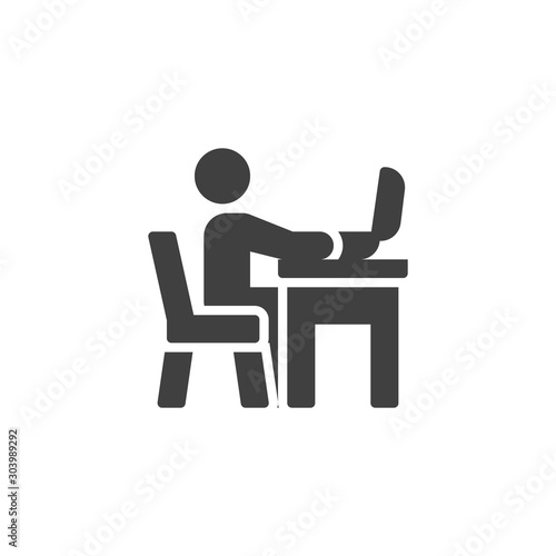 Man working on laptop vector icon. filled flat sign for mobile concept and web design. A man sits on the workplace with computer glyph icon. Symbol, logo illustration. Vector graphics