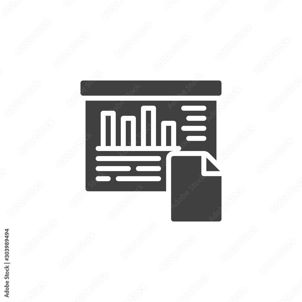Business presentation document file vector icon. filled flat sign for mobile concept and web design. Presentation screen with bar chart glyph icon. Symbol, logo illustration. Vector graphics Business presentation document file vector icon. filled flat sign for mobile concept and web design. Presentation screen with bar chart glyph icon. Symbol, logo illustration. Vector graphics