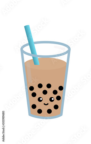 Tapioca in a transparent glass with a straw. Vector color isolated image. Brown drink.