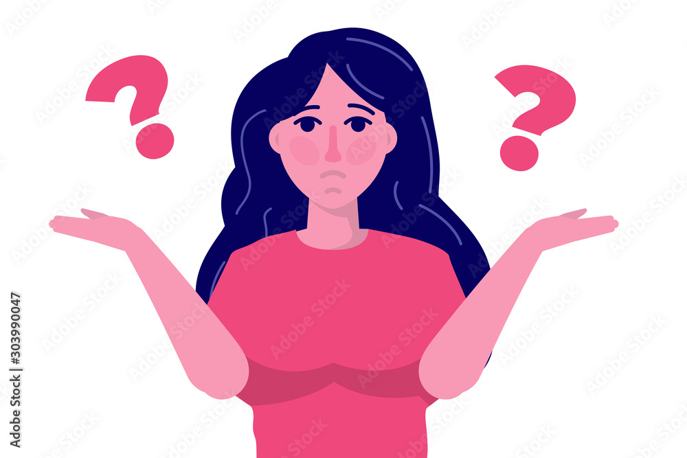Confused, puzzled woman. Female choice, life balance concept. Vector illustration. Confused, puzzled woman. Female choice, life balance concept. Vector illustration.