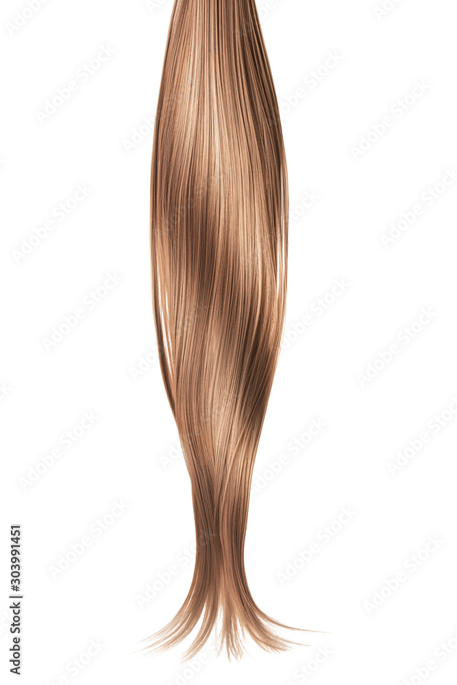 Brown shiny hair on white background, isolated. Long ponytail Brown shiny hair on white background, isolated. Long ponytail