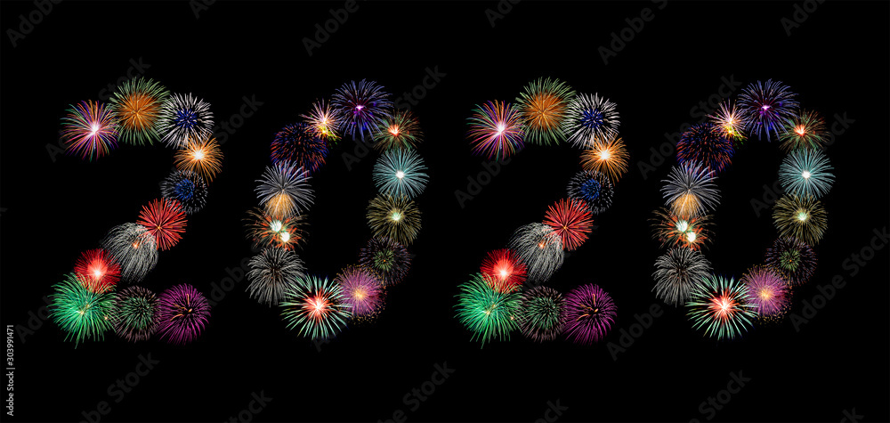 colorful fireworks of 2020  Arabic number for new year celebration concept