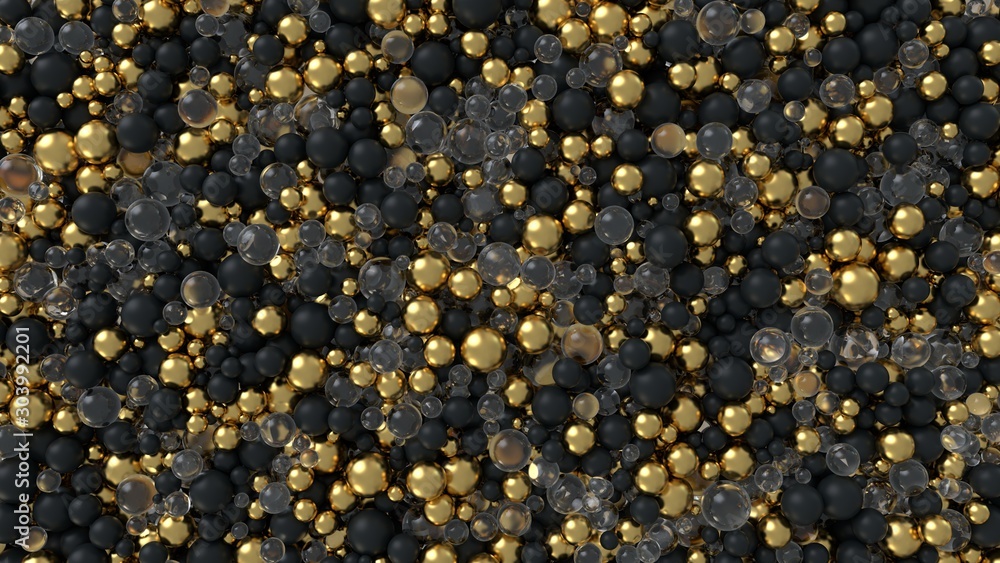 3d render. Abstract background. Many glass, gold and black matte spheres of different sizes. 3d render. Abstract background. Many glass, gold and black matte spheres of different sizes.