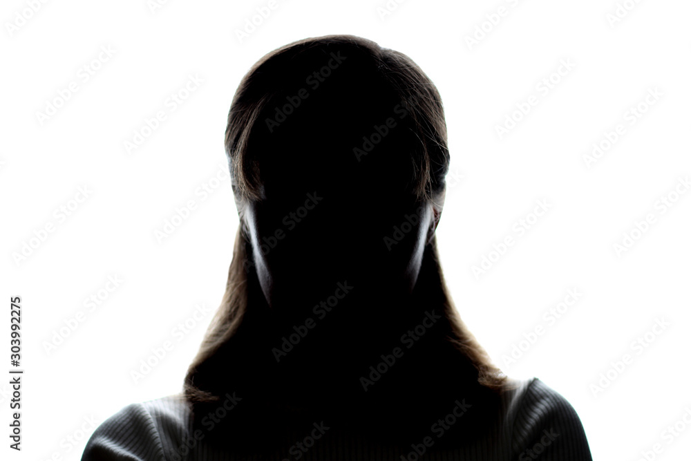 Ταπετσαρία Dark silhouette of a young girl on white background, front view, concept of anon
