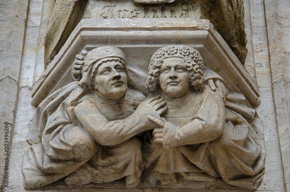 Carving details on the outer wall of an old building at the Grand Place or Grand Square, UNESCO World Heritage Site since 1998, Brussels, Belgium, Europe