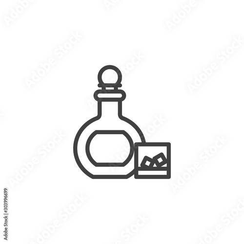 Cognac bottle and glass line icon. linear style sign for mobile concept and web design. Brandy with ice outline vector icon. Bar beverages symbol, logo illustration. Vector graphics