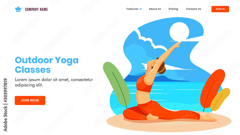 Outdoor Yoga Classes concept based landing page design with young girl doing yoga in aswaasanchal asana pose on beach view background.