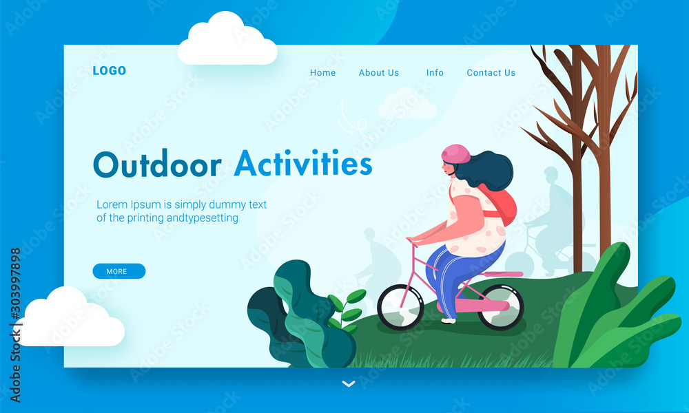 Outdoor Activities landing page design with woman wearing helmet riding bicycle on nature background. Outdoor Activities landing page design with woman wearing helmet riding bicycle on nature background.