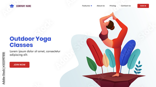 Young woman practices yoga natarajasana pose on nature view for Outdoor Yoga Classes concept based landing page design.