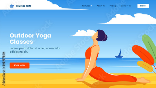 Landing page design with young girl doing exercise in bhujangasana pose on beach view background for Outdoor Yoga Classes.