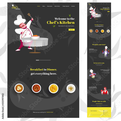 Chef's Kitchen web vertical banner design with cartoon chef character presenting dishes on black background and given services.
