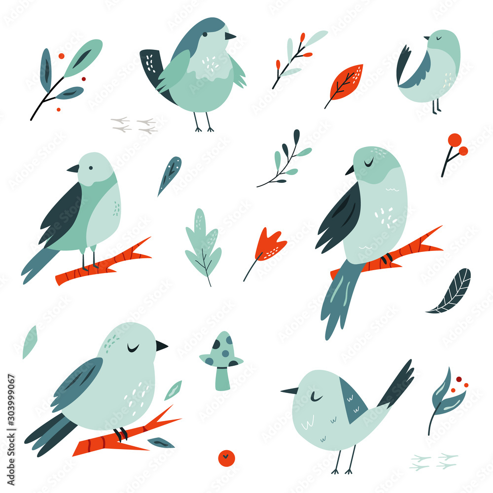 Set of flat hand drawn doodle birds in blue tones.