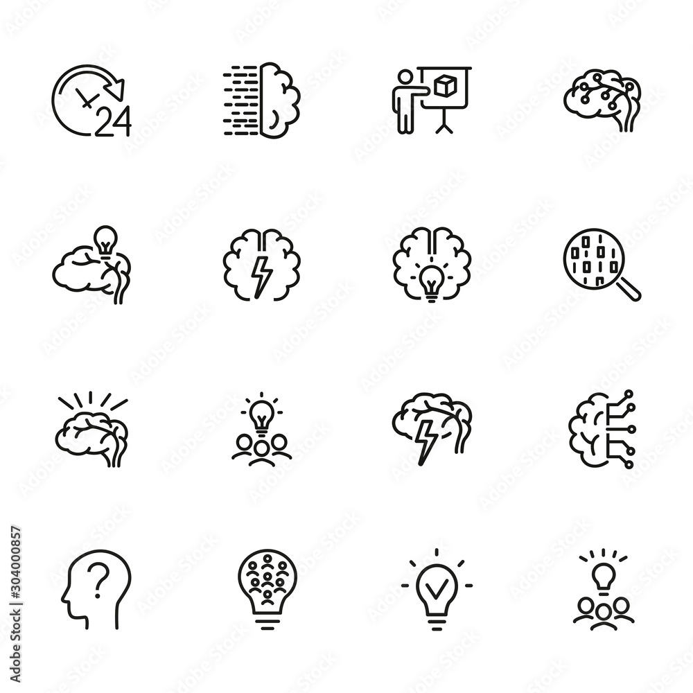 Obraz Brainstorming line icon set. Shining bulb, idea, charging. Brain work concept. Can be used for topics like intelligence, genius, IT startup