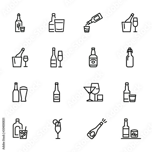 Bottles of alcohol line icon set. Glass, shot, flute, spirits. Alcoholic drinks concept. Can be used for topics like restaurant, bar, pub, addiction