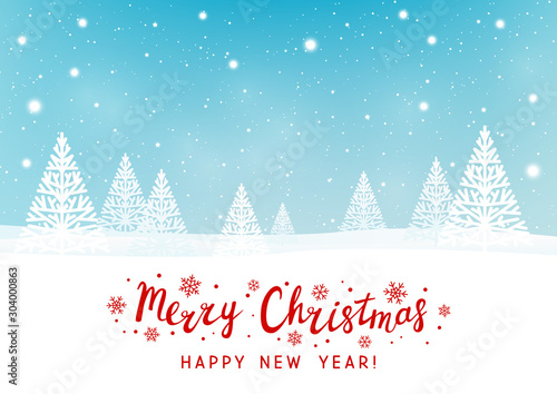 Christmas greeting card with snow forest on blue - vector background for winter holiday design