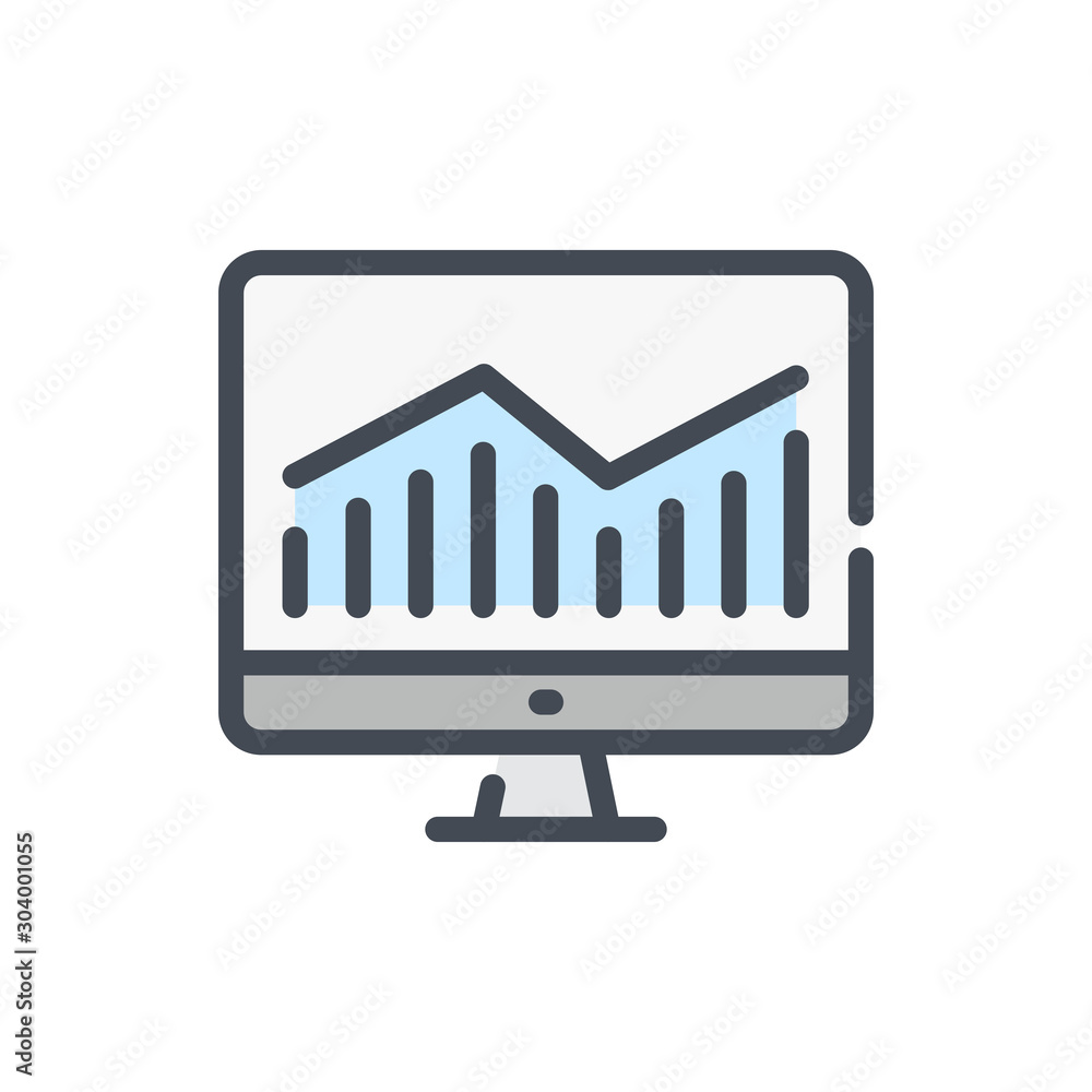 Online statistics color line icon. Computer with analytics report vector outline colorful sign. Online statistics color line icon. Computer with analytics report vector outline colorful sign.