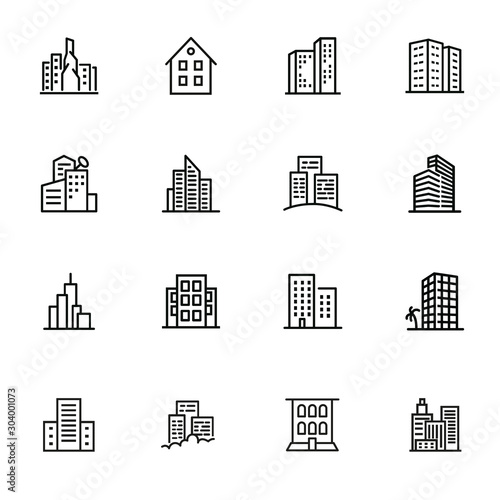 Buildings line icon set. Office, house, block of flats. City concept. Can be used for topics like residential accommodation, real estate, property