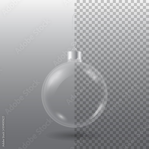 Vector transparent glass christmas tree ball with eyelet isolated on checkered grey background. 3D illustration.