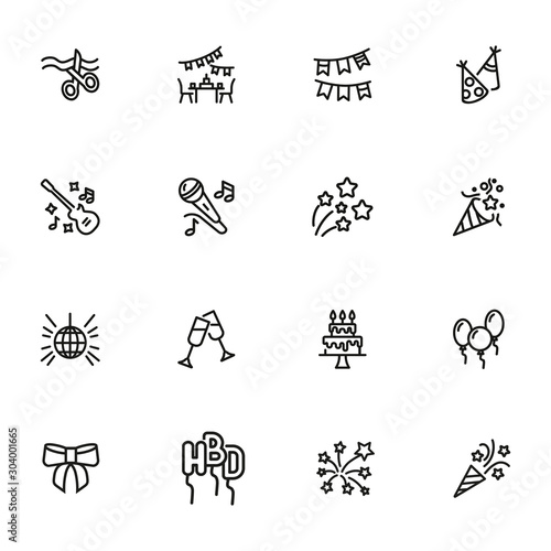 Celebration party line icon set. Ribbon cutting, cake with candles, cracker. Holiday concept. Can be used for topics like grand opening, birthday, show, event