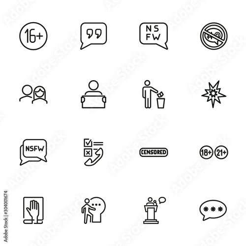 Censored content line icon set. Stamp, adult content, man throwing paper. Control concept. Can be used for topics like safety, censorship, parental control, virus