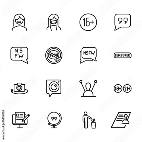 Censorship line icon set. Set of line icons on white background. TV requirement concept. Camera, antenna, stamp. Vector illustration can be used for topics like cinema, TV, radio, social media