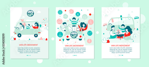 Van life movement onboarding mobile app screen templates set