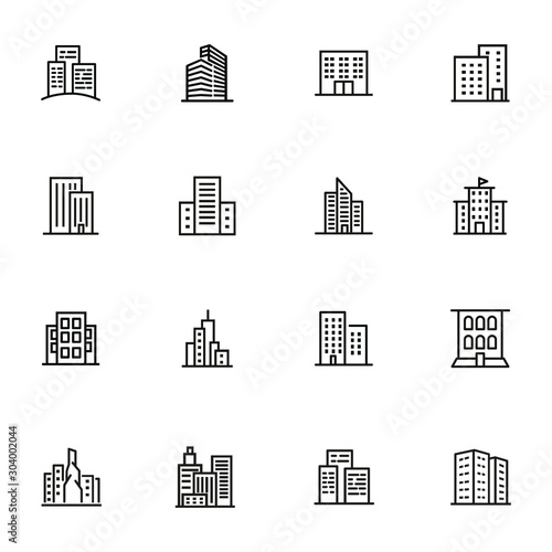 City buildings line icon set. Office building, apartment house, business area. Urban life concept. Can be used for topics like town, big city, architecture