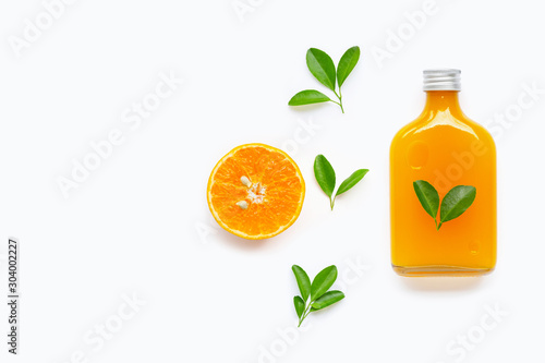 Fresh orange juice with orange fruit on white background.