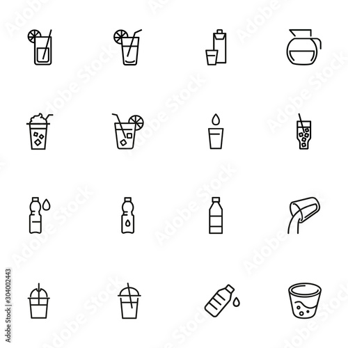 Cold drinks line icon set. Lemonade, cocktail, bottle, straw. Drink concept. Can be used for topics like summer, bar menu, cafe photo