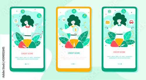 Credit score onboarding mobile app page screens set