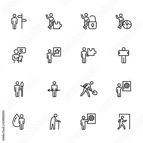 Conceptual figures line icon set. Person, man, clock, spade, gear. Business concept. Can be used for topics like action, role, occupation