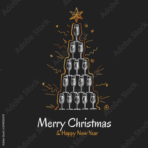 Christmas greeting card with pyramid of champagne glasses. Abstract Christmas tree