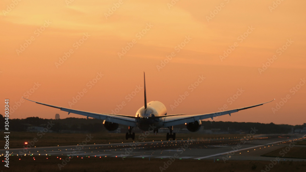 Rear view of widebody twin engine airplane landing in the early morning. Picturesque sunset at the background, Rear view of widebody twin engine airplane landing in the early morning. Picturesque sunset at the background,