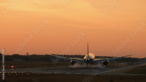 Rear view of widebody twin engine airplane landing in the early morning. Picturesque sunset at the background,