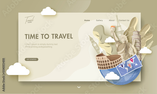 Landing page design with illustration of foreign country famous monuments and world map for World Tourism Day or Time To Travel concept. photo