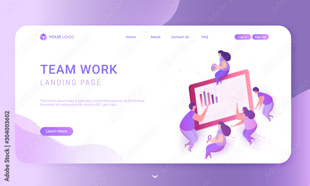 Teamwork concept based landing page design with business people working together and maintain the data on screen. Teamwork concept based landing page design with business people working together and maintain the data on screen.