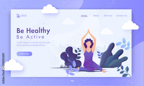 Be Healthy Be Active concept based landing page design with faceless woman practice yoga sukhasana pose on purple nature view background.