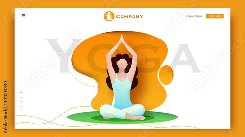Young girl character doing exercise in sukhasana or meditation pose on abstract background for Yoga concept based landing page design.