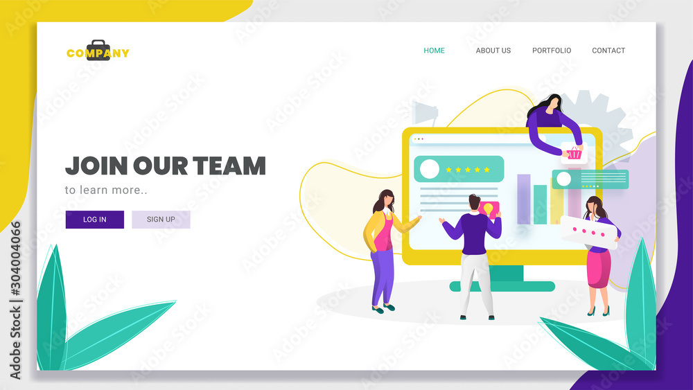 Business man and women working together to maintain the website on computer for Join Our Team concept based landing page design.